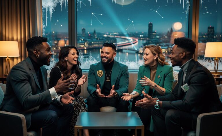 Illustration of five zodiac signs—Gemini, Libra, Leo, Sagittarius, and Aquarius—shining in social situations on 6 January 2026