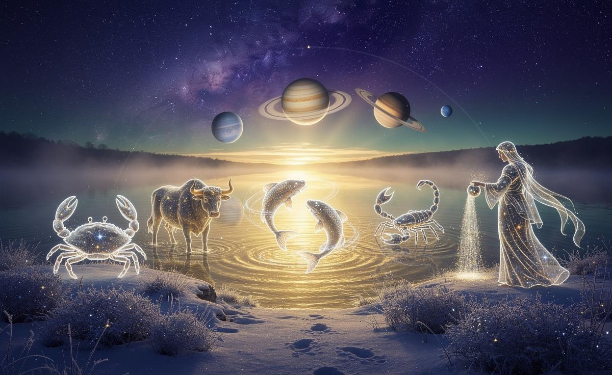 Illustration of five zodiac signs — Cancer, Taurus, Pisces, Scorpio and Aquarius — stepping into a fortunate flow on 2 January 2026