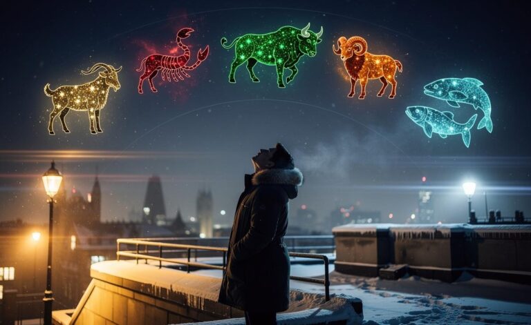 Illustration of five zodiac signs—Capricorn, Scorpio, Taurus, Aries, and Pisces—tapping hidden reserves of strength on 7 January 2026