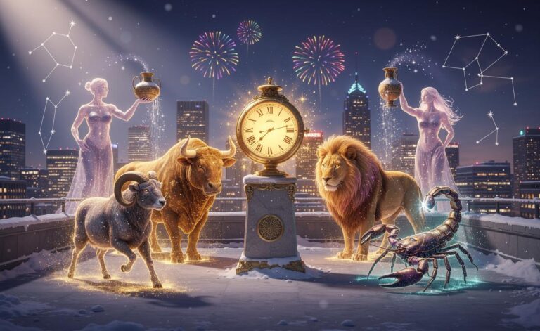 Illustration of five zodiac signs—Aries, Taurus, Leo, Scorpio, and Aquarius—highlighted for strong New Year horoscopes on 1 January 2026