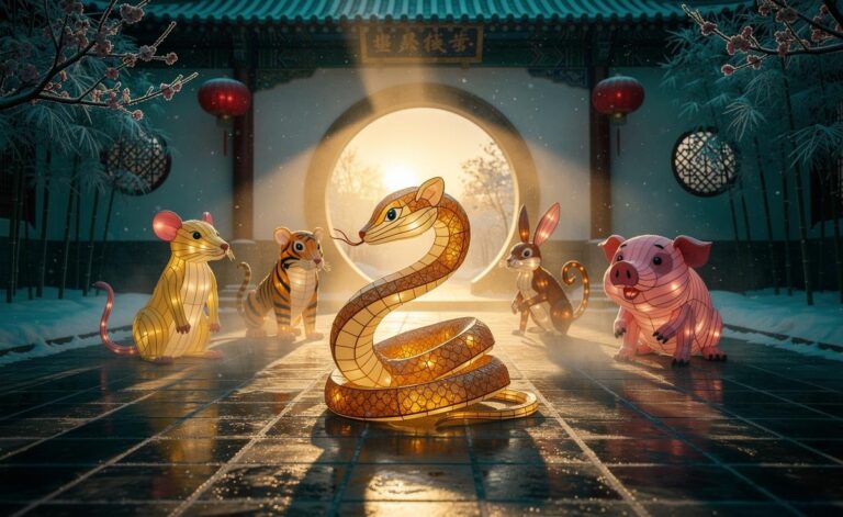 Illustration of six Chinese Zodiac signs—Rat, Tiger, Rabbit, Snake, Monkey, and Pig—celebrating new beginnings on January 6, 2026, during Xiaohan in the Year of the Snake