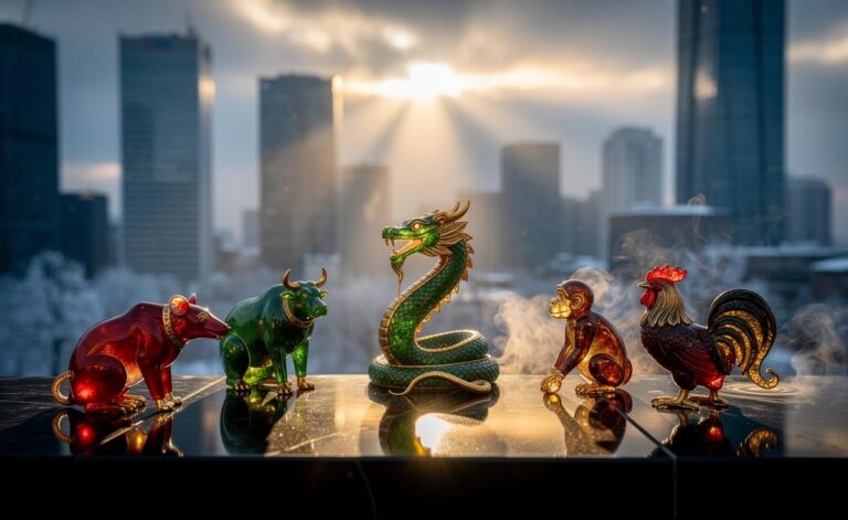 Illustration of six Chinese zodiac signs—Rat, Ox, Dragon, Snake, Monkey, and Rooster—embracing new opportunities on January 5, 2026 in the Year of the Snake