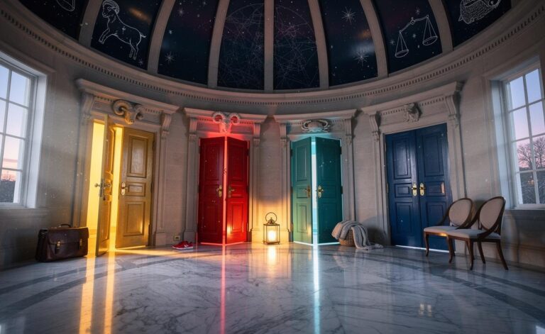 Illustration of January 5 opening new doors for four zodiac signs—Capricorn, Aries, Cancer, and Libra—symbolising structured opportunities in career, courage, home, and partnerships