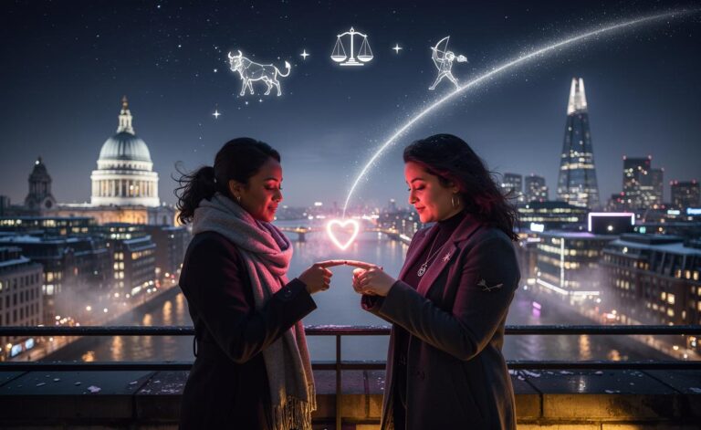 Illustration of celestial alignments guiding Taurus, Libra, and Sagittarius toward love on 7 January 2026
