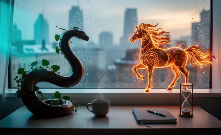 Illustration of the Chinese Zodiac horoscope for 4 January 2026, highlighting balanced energy between the Wood Snake and the approaching Fire Horse