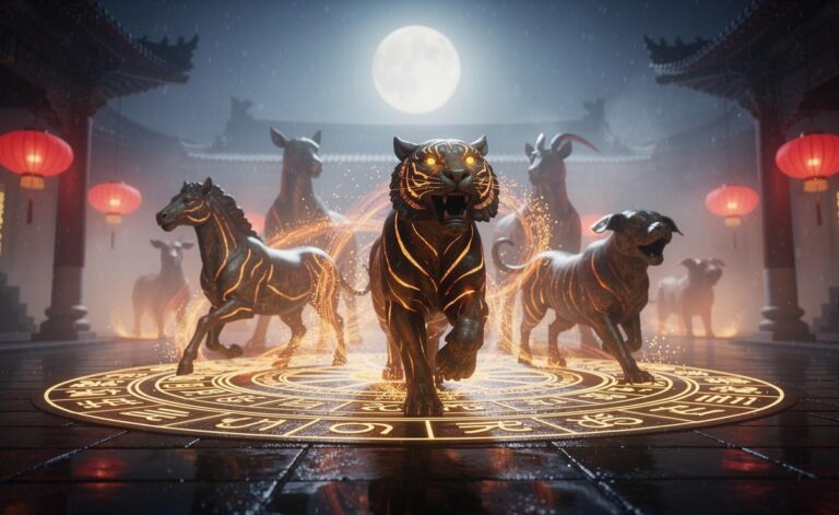 Illustration of Chinese Zodiac signs feeling energized on January 3, 2026, highlighting Tiger, Horse, and Dog, with supportive boosts for Goat, Rabbit, and Pig