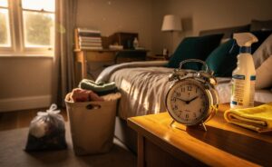 Illustration of setting a five-minute timer to make cleaning a room feel effortless