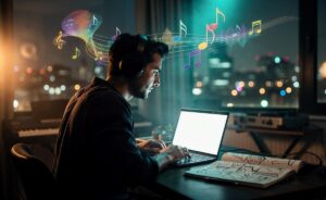 Illustration of a person wearing headphones working on creative tasks while listening to instrumental, non-lyrical music to boost focus and originality