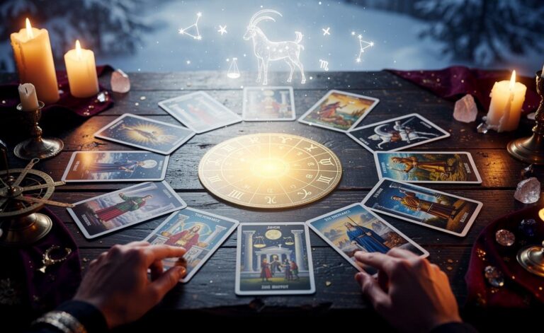 Illustration of tarot cards and the twelve zodiac signs providing January 9 guidance from a tarot reader