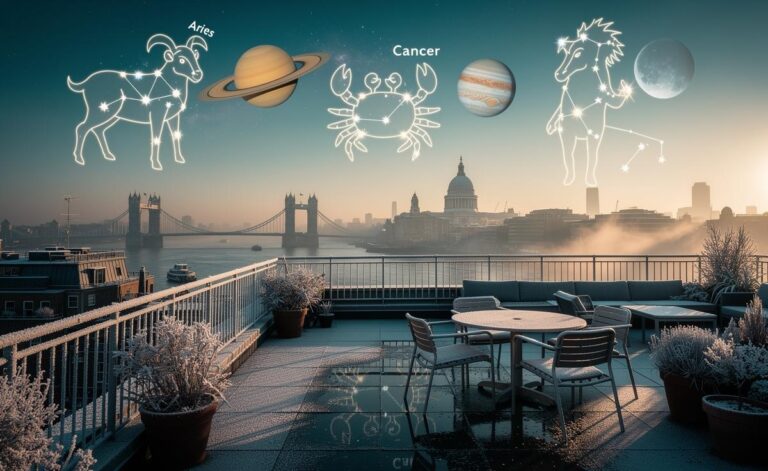 Illustration of January 1, 2026 bringing a clean slate for Aries, Cancer, and Aquarius, with Saturn in Aries, Jupiter in Cancer, and Pluto in Aquarius.