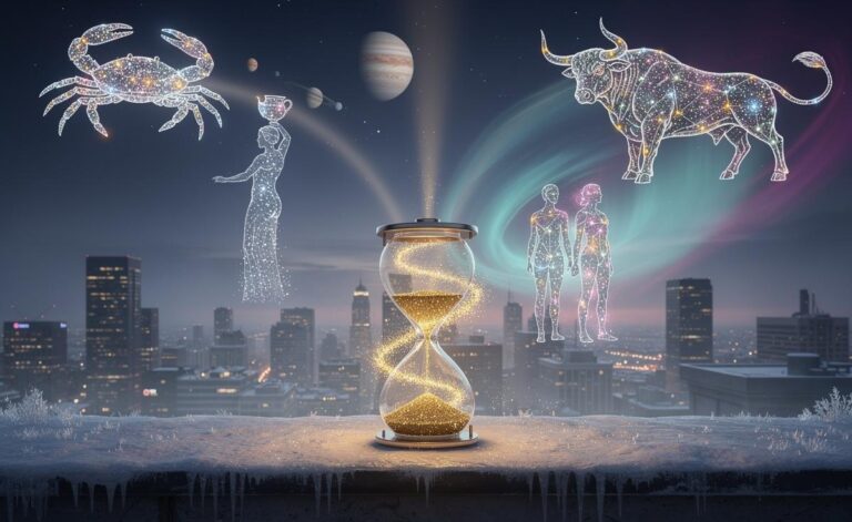 Illustration of January 1, 2026 astrological turning point for Cancer, Aquarius, Taurus, and Gemini