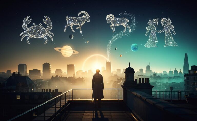 Illustration of January 1, 2026 astrological transits signaling growth for Cancer, Aries, Aquarius, and Gemini under Jupiter in Cancer, Saturn in Aries, Pluto in Aquarius, and Uranus near Gemini