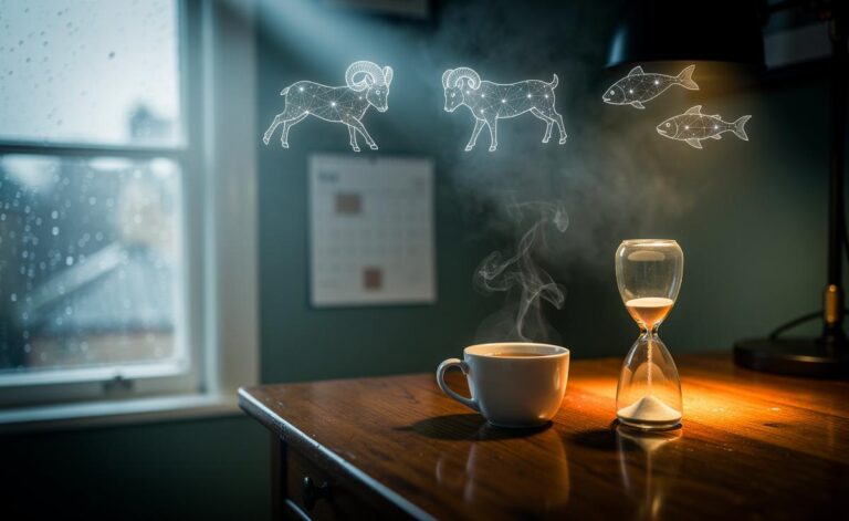 Illustration of January 4, 2026, highlighted on a calendar with zodiac symbols for Aries, Gemini, Capricorn, and Pisces, conveying patience and measured pace