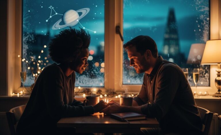 Illustration of a love horoscope for January 1, 2026, emphasizing honest conversations during Capricorn season