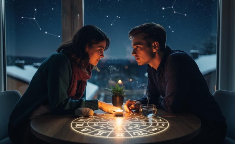 Illustration of a love horoscope for 5 January 2026, capturing a moment of truth with honest conversations and zodiac signs