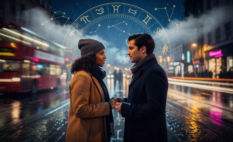 Illustration of a starry sky with zodiac symbols and people embracing unexpected love on January 8, 2026.