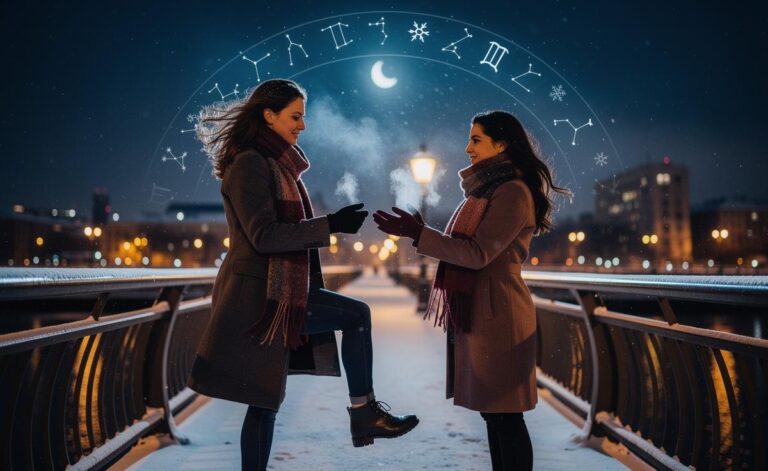 Illustration of a love horoscope for January 8, 2026, featuring zodiac signs, a winter calendar date, and a couple taking a thoughtful leap of faith through clear, kind communication