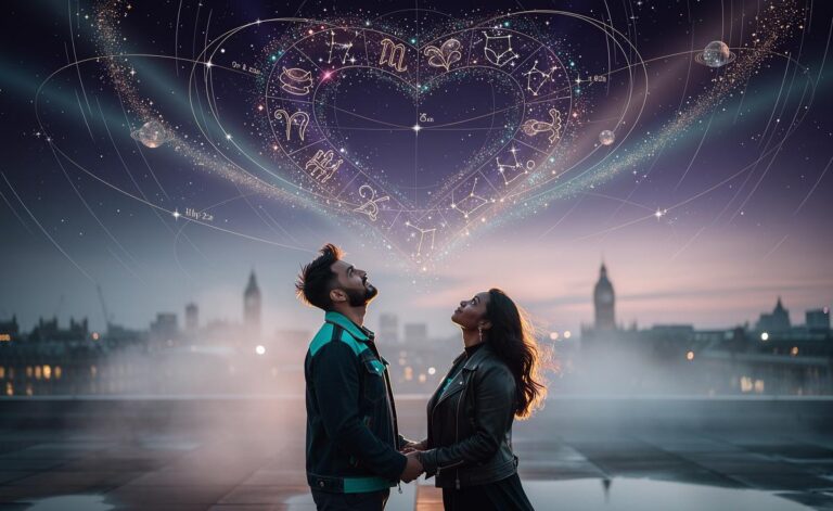 Illustration of the love horoscope for 8 January 2026 with zodiac constellations and aligning stars