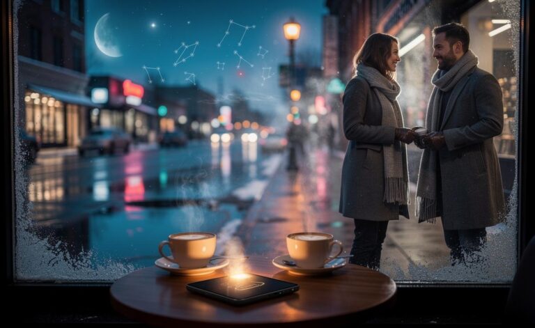 Illustration of the love horoscope for 9 January 2026, featuring zodiac constellations and romantic symbols hinting at a surprise