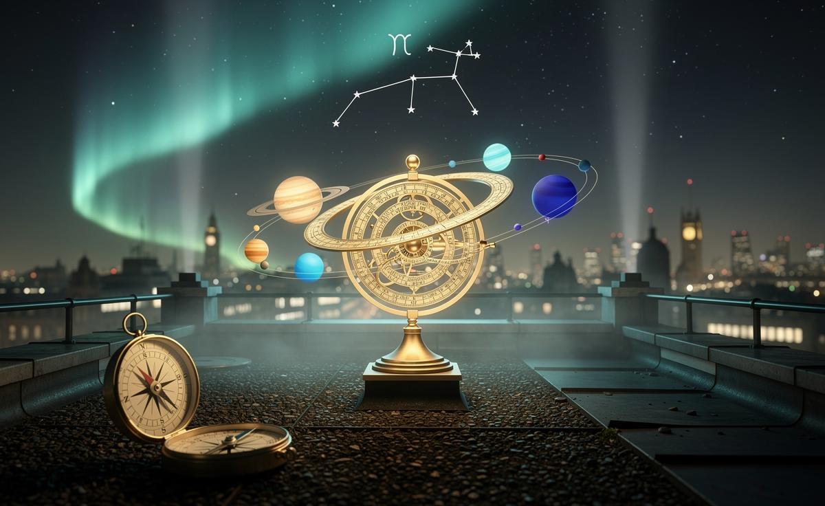 Illustration of the New Year astrology chart for 1 January 2026 showing Capricorn Sun, Jupiter in Cancer, Saturn in Pisces, Uranus in Taurus, Neptune near the Pisces–Aries threshold, and Pluto in Aquarius