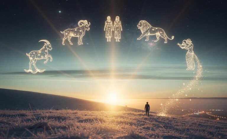 Illustration of the golden era beginning for five zodiac signs—Capricorn, Aries, Gemini, Leo, and Aquarius—on 7 January 2026