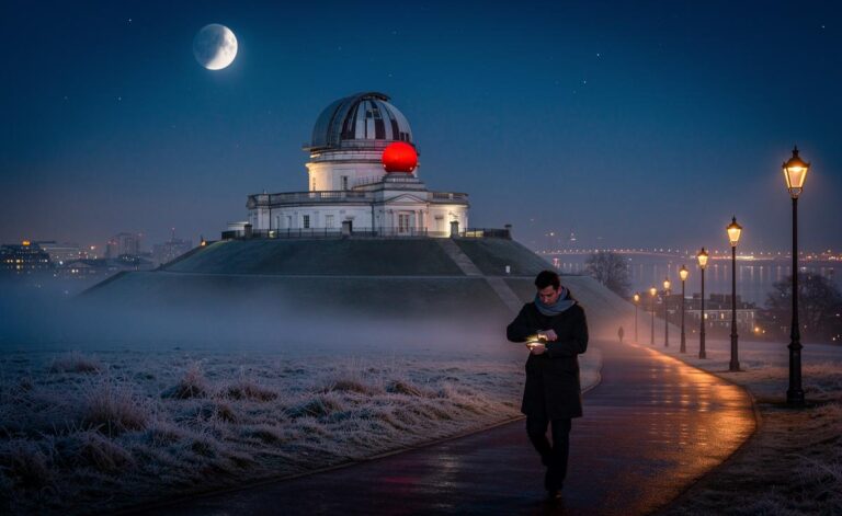 Illustration of the Royal Observatory Greenwich time ball and clock, symbolizing cosmic rhythms and consistent timekeeping
