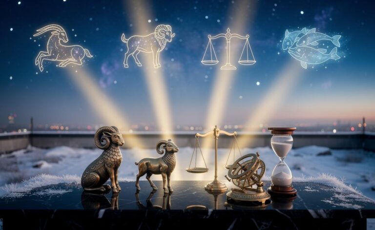 Illustration of the zodiac signs Capricorn, Aries, Libra, and Pisces highlighted for good fortune on 1 January 2026