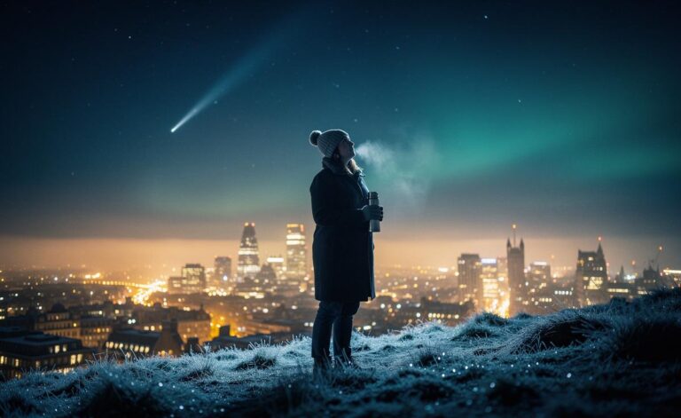 Illustration of [the UK winter night sky on 2 January 2026, with a faint Quadrantids meteor and a solitary viewer seeking gentle guidance]