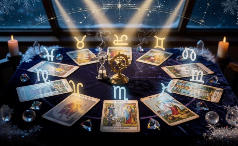 Illustration of each Zodiac sign with its guiding Tarot card for January 3, 2026
