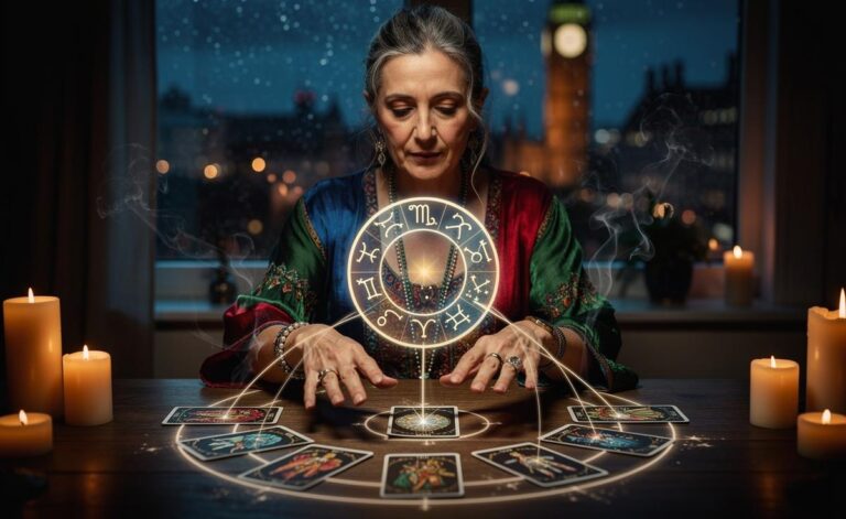 Illustration of a tarot reader advising what each zodiac sign should avoid on 8 January 2026