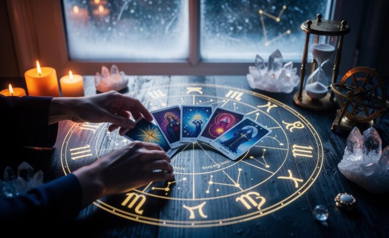 Illustration of a tarot expert reading cards for each zodiac sign on 8 January 2026