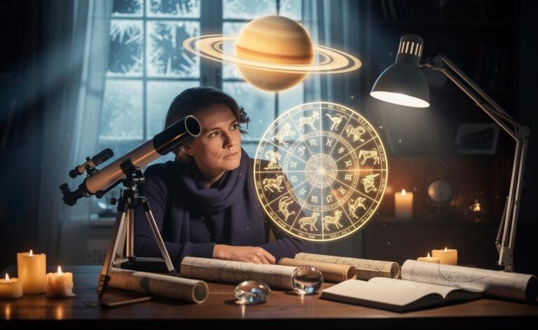 Illustration of an astrologer analyzing the sky on 9 January 2026 and explaining its meaning for every zodiac sign