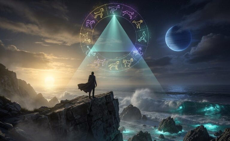 Illustration of the Sun–Neptune trine on 8 January 2026 and its influence on the twelve zodiac signs