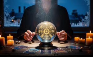 Illustration of the twelve zodiac signs encircling a zodiac wheel with a calendar marked 9 January, symbolising clairvoyant insights for each sign