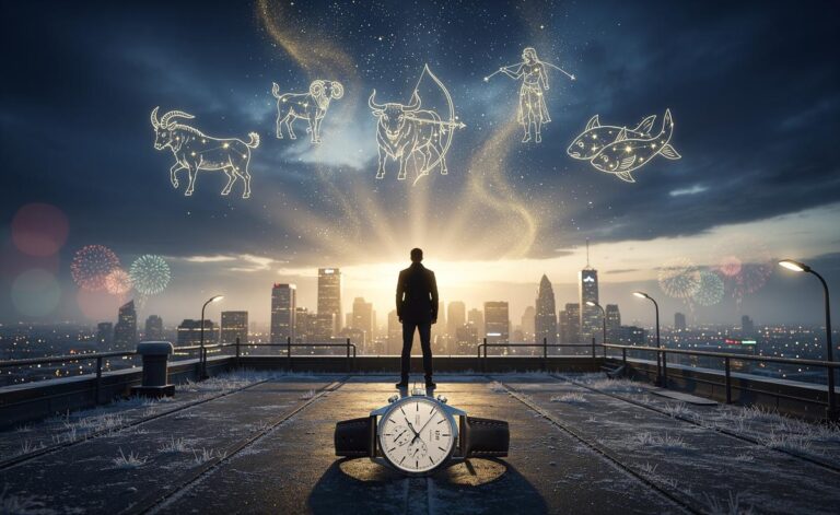 Illustration of the five zodiac signs—Capricorn, Aries, Taurus, Sagittarius, and Pisces—manifesting success on January 1, 2026