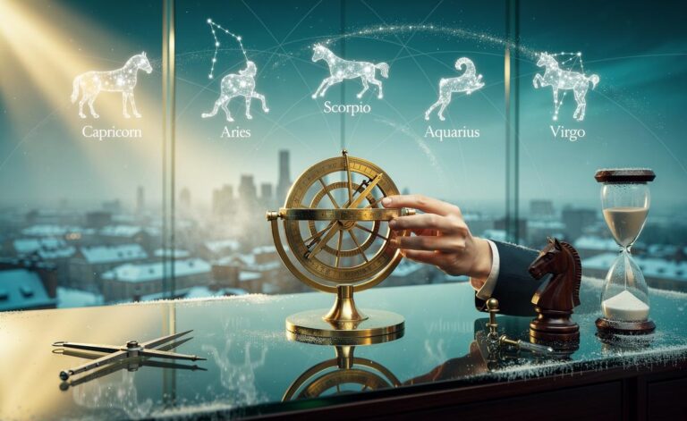 Illustration of the zodiac signs taking control on 3 January 2026: Capricorn, Aries, Scorpio, Aquarius, and Virgo