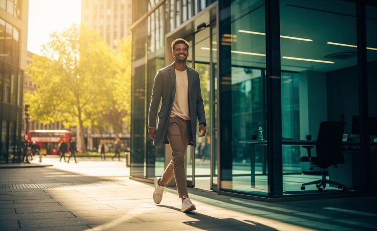 Illustration of a worker taking a midday walk outdoors to boost mood and focus during an afternoon slump at work