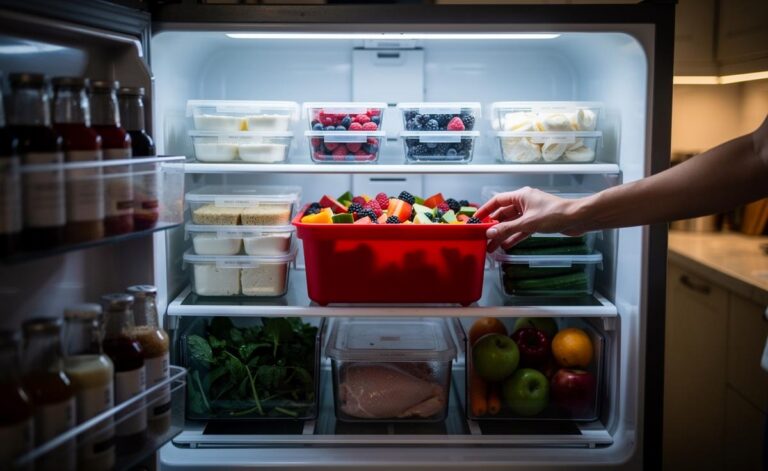 Illustration of an organised fridge with labelled zones, an Eat First tray, and temperature-aware storage to save time and reduce food waste