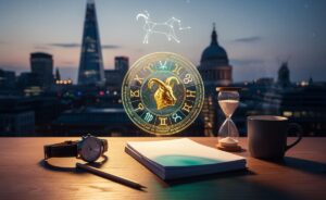 Illustration of the January 1, 2026 daily horoscope, featuring a zodiac wheel, a highlighted Capricorn Sun, and New Year energy symbolism