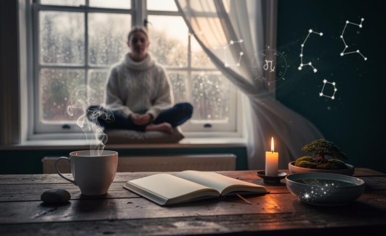 Illustration of a serene January 7 daily horoscope theme centered on inner peace, featuring zodiac signs, gentle morning light, and mindful rituals