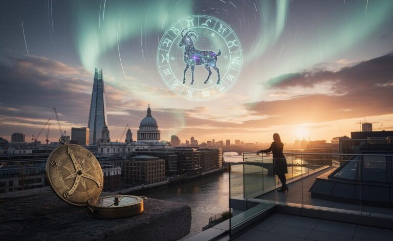 Illustration of a zodiac wheel over a January 8, 2026 calendar page at sunrise, symbolising Capricorn season and change on the horizon