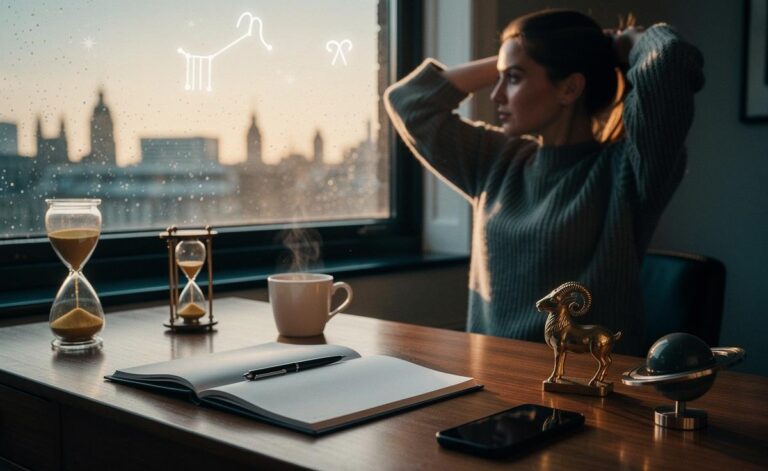 Illustration of a 1 January 2026 horoscope under the Capricorn Sun, focused on purposeful planning for work, money, love, and wellbeing