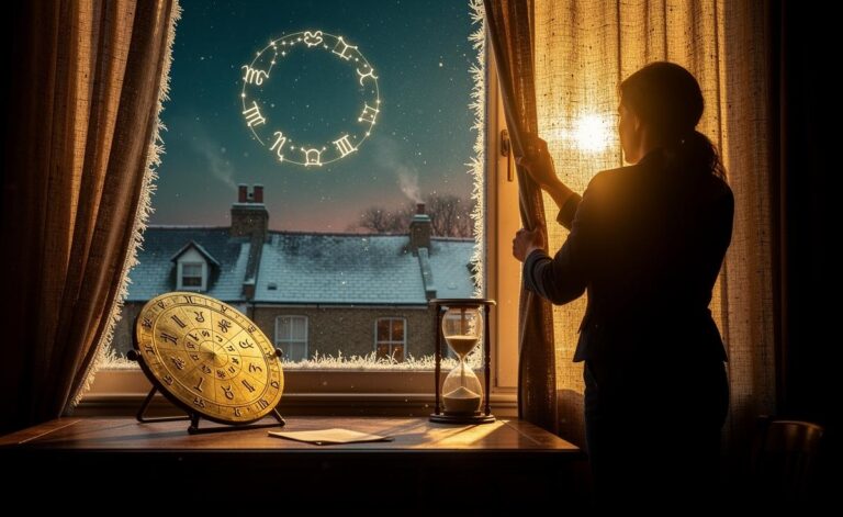 Illustration of a January 9 zodiac forecast encouraging positive change, featuring a zodiac wheel, the date highlighted on a calendar, and a dawn horizon symbolising fresh momentum.