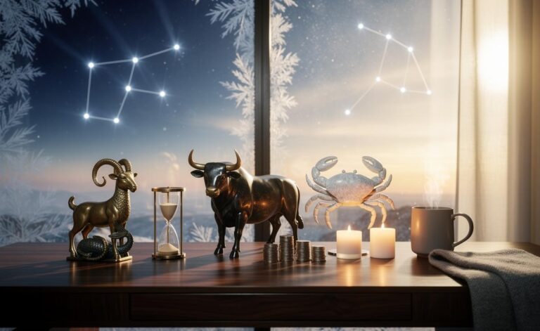 Illustration of Capricorn, Taurus, and Cancer feeling more secure on 2 January 2026 under the Sun in Capricorn, symbolising stability, routine, and practical progress
